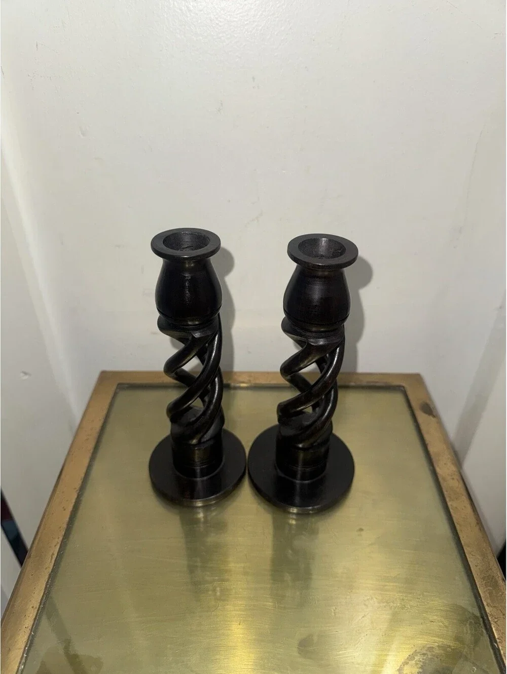 Pair of vintage hand carved African ebony twist candlesticks